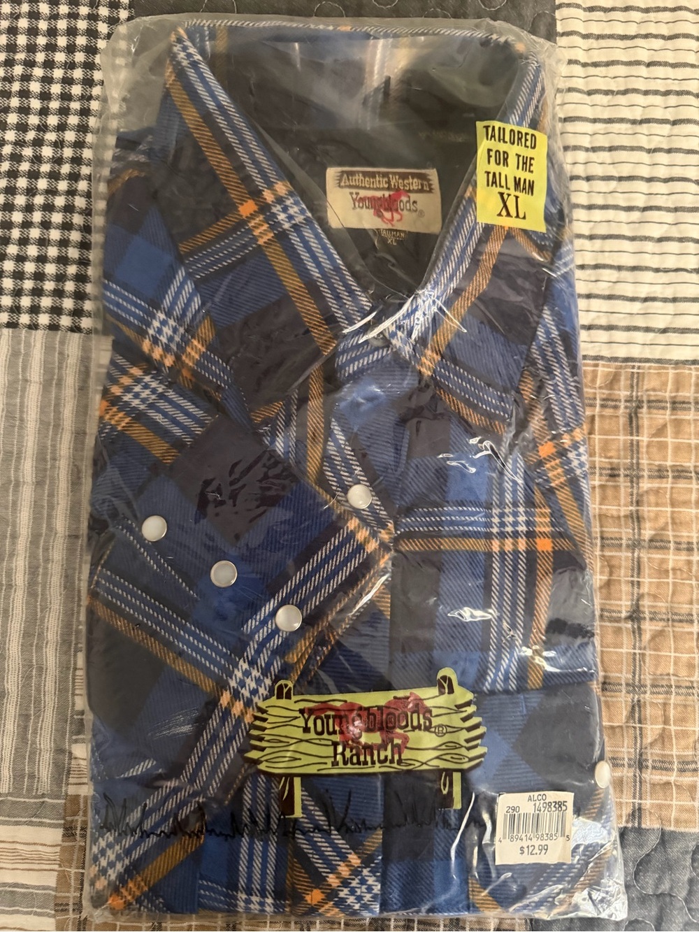 90s Youngbloods Western Blue Plaid Flannel Pearl Snap Shirt XL Tall Deadstock